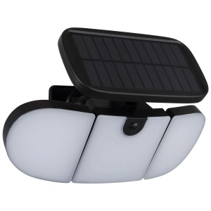Lampada da parete solare a LED Globo nera con tre luci e pannello solare per uso esterno.