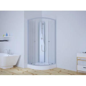 Cabine de douche complète White Sky avec verre de sécurité et douchette dans la salle de bain.