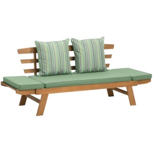 Banc multifonctionnel Velden en acacia avec coussins vert menthe, comme mobilier de jardin lounge.