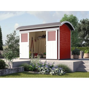 Casetta da giardino Weka 228 con porta scorrevole rosso svedese, doppia anta aperta e finestre.