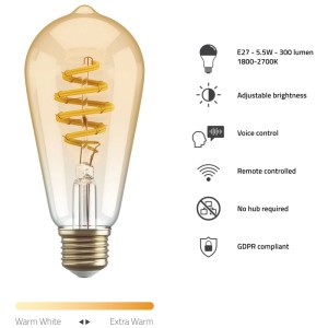 Lampadina Smart Filament Hombli Ambra, E27, 5.5W, 300lm, luce bianca calda.
