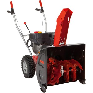Fraise à neige thermique Al-Ko Snowline 560 II avec éjection rouge et pneus à crampons.