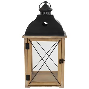 Lanterne Solano taille L en bois et verre, couleur naturelle, avec toit en métal noir et poignée.