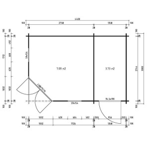 Plan de chalet de jardin Alpholz Liwa Compact toit en croupe 440x300 cm avec dimensions.