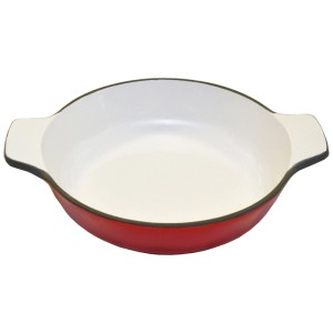 Rotes, emailliertes Käsepfännchen von Heidi Cheese Line, Ø 21 cm, mit Griffen.