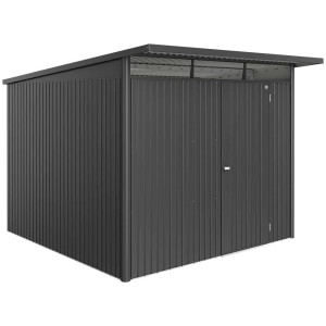 Casetta da giardino Biohort AvantGarde Eco Gr. A7 in grigio scuro metallizzato con tetto a una falda e porta standard.