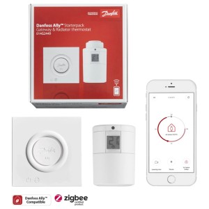 Danfoss Ally Starterpack : passerelle, tête thermostatique et smartphone pour installation de chauffage.