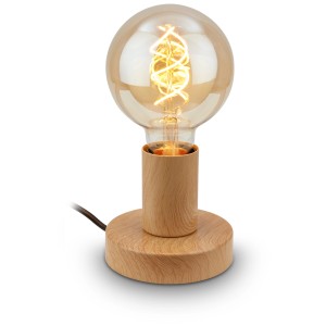 Lampe de table Briloner E27 aspect bois avec ampoule allumée.