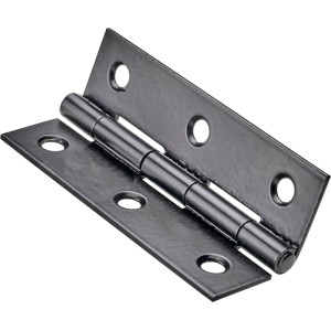 Charnière de meuble Hettich étroite noire en acier thermolaqué avec trous de vis.