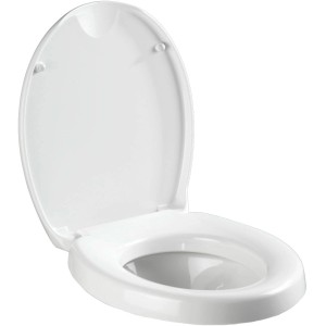 Wenko Secura Comfort siège de WC avec rehausse, blanc, couvercle ouvert.