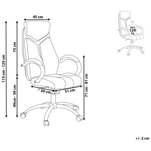 Schizzo sedia da ufficio Formula, ecopelle beige, con dimensioni di altezza, larghezza e profondità.