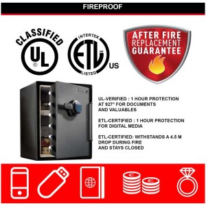 Cassaforte Master Lock LFW205FYC con porta aperta, certificati e icone per la protezione di oggetti di valore.
