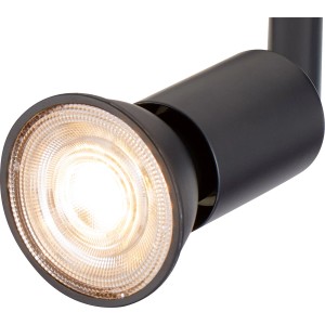 Primo piano: Lampada LED GU10 nera con luce bianca calda.
