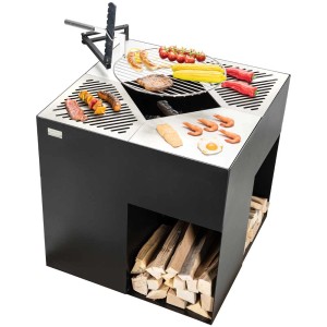 Brasero Quadro Nero en acier noir avec grill et rangement pour le bois. Idéal pour des barbecues conviviaux.