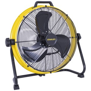 Ventilateur industriel Stanley jaune Ø 51 cm avec grille de protection noire et support.