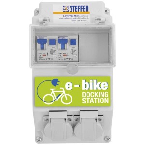 Dockingstation für E-Bikes mit 2 Steckdosen T13 und FI/LS-Schalter in wetterfestem Gehäuse.