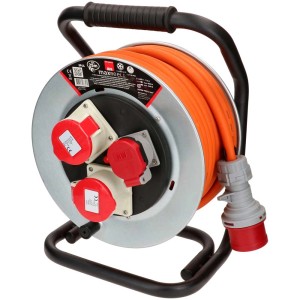Enrouleur de câble en acier noir avec câble orange de 25 m, 2 prises CEE16-5 et 1 prise T25.