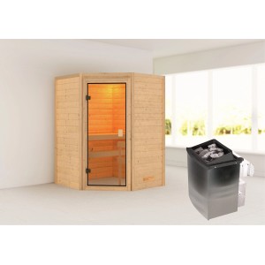 Sauna Woodfeeling Antonia con stufa e porta in vetro, sauna in legno massello per un'esperienza rilassante.