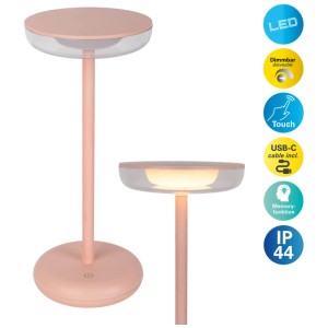 Lampada da tavolo LED rosa Näve Pasi, dimmerabile, con batteria e USB-C. Ideale per interni ed esterni.
