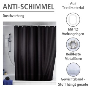 Schwarzer Wenko Anti-Schimmel Duschvorhang aus Polyester, 180x200 cm, mit 12 Ringen.