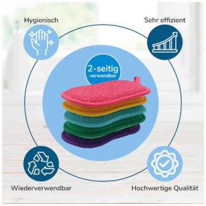 Cinq éponges de nettoyage Livington Duo aux couleurs vives, empilées, avec deux côtés en microfibre.