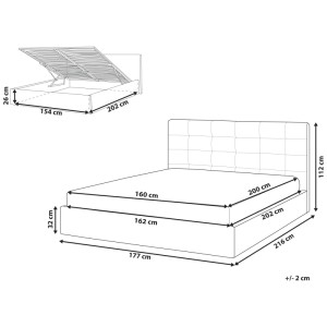 Skizze: Beiges Beliani Bett Lorient mit Stauraum, Maße 160x200 cm, Bettgestell mit Lattenrost offen.