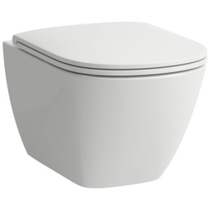 WC suspendu Laufen Lua en céramique blanche, sans bride, design ovale, avec abattant à fermeture douce.