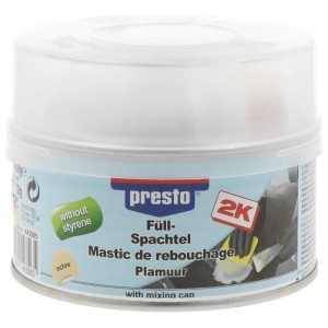 Mastic de remplissage polyester Presto, pot de 500g pour réparations de peinture et carrosserie.