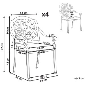 Beliani Set Ancona: 4 sedie da giardino nere con dimensioni e portata 150kg.