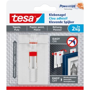 Clou adhésif ajustable Tesa pour papier peint et plâtre, jusqu'à 2 kg, pour une fixation facile et sans trace.