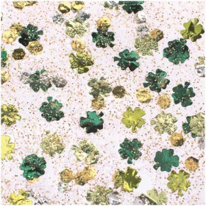 Colle à paillettes avec confettis en forme de trèfle, vert et jaune.