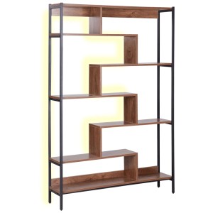 Étagère Beliani Daven, bibliothèque marron avec six étagères, cadre en métal et éclairage LED.
