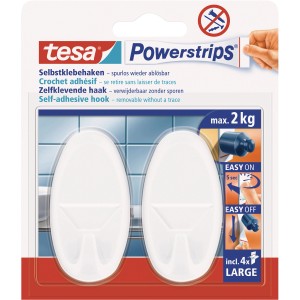 Tesa crochets adhésifs, 2 crochets ovales blancs avec Powerstrips, supporte jusqu'à 2 kg.