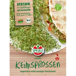 Sperli Bio-Germogli di Alfalfa: Confezione con germogli freschi e suggerimento di servizio.