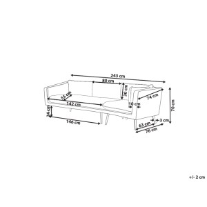 Disegno tecnico con misure del divano da giardino Beliani Loretello. Mostra tutte le dimensioni del mobile lounge 3 posti.