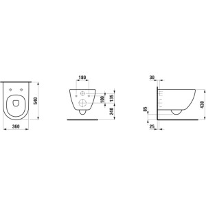 Dessin technique du WC suspendu Laufen Pro X Advanced en céramique blanche. Vues avec dimensions détaillées pour le montage mural.