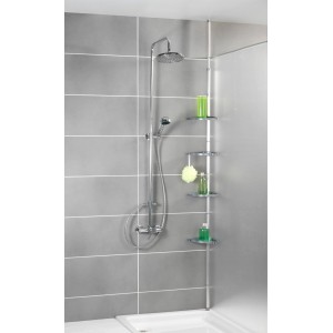 Wenko Étagère d'angle télescopique Compact, étagère en aluminium argenté avec quatre tablettes dans la douche.