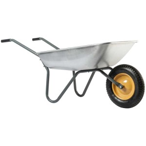 Brouette de jardin galvanisée grise, capacité 80 L, pour le jardinage et la construction.
