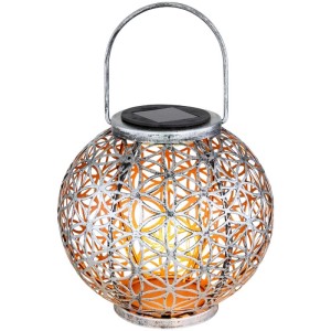 Globo LED-Solarleuchte Laterne aus Metall, silberfarben, mit Tragegriff zum Hängen oder Stellen.