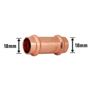 Raccordo a pressare in rame, diametro 18 mm, per collegare tubi in rame nell'impianto idraulico.