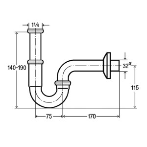 Schéma d'un siphon Viega chromé pour lavabos, 1 1/4 pouce, avec dimensions.