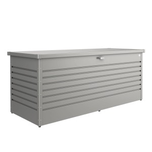 Coffre universel Biohort FreizeitBox 200 gris quartz métallisé en acier. Coffre de rangement étanche avec serrure et vérin à gaz.