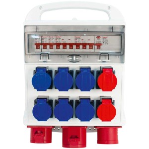 Distributeur de courant Steffen IP55 avec prises bleues et rouges, disjoncteurs.
