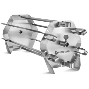 Carrousel à brochettes Burnhard en acier inoxydable avec 6 brochettes et 2 plaques de pression pour tournebroches.