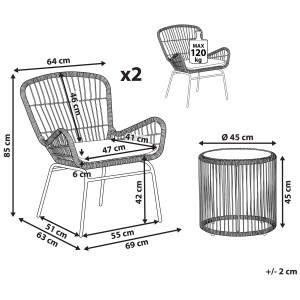 Set bistro Beliani Labico marrone chiaro, composto da tavolo e 2 sedie con dimensioni.