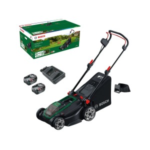 Set tosaerba a batteria Bosch Rotak 18V2-43 con batterie, caricabatterie e cesto di raccolta.