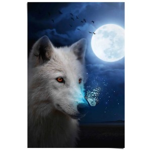 Maxiposter Wolf Moon (61x91,5 cm): Weißer Wolf mit Schmetterling vor Mond und Nachthimmel.