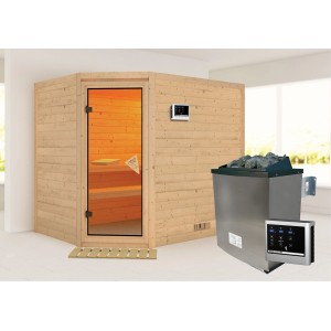 Sauna Karibu Tilda avec poêle et commande externe, en bois naturel.