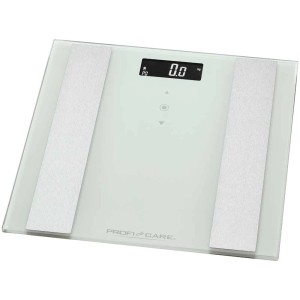 Weisse Profi Care Personenwaage PW 3007 aus Glas mit digitaler Anzeige.