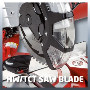 Gros plan : Scie à onglet Einhell TC-MS 2513 L avec lame et dispositif de protection.